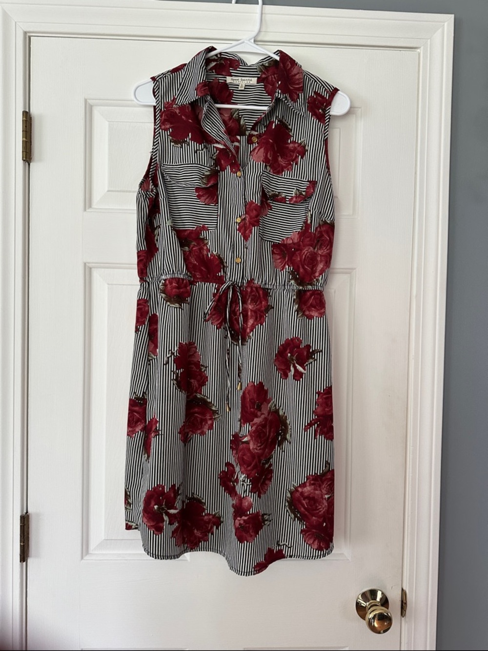 Speed Control Black-and-White Striped Midi Dress with Burgundy Floral Print